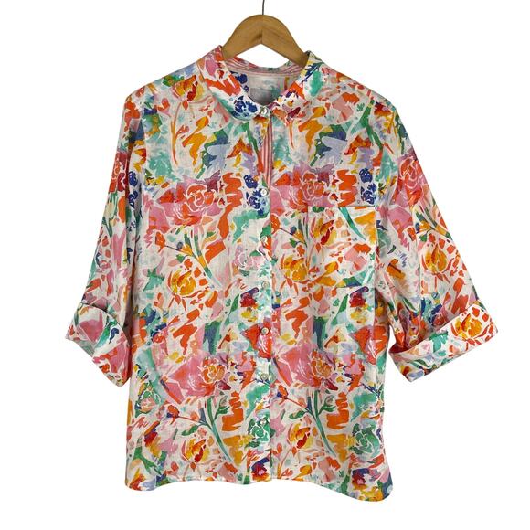Chico's No Iron Watercolor Floral Button Front Shirt 100% Linen Women's 4 US 20 - Picture 1 of 9